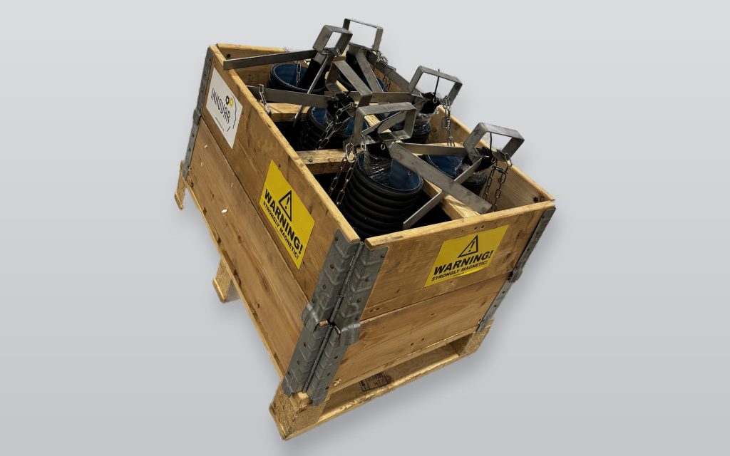 Six-unit Innovar Ditch Magnet system crated and labelled for dispatch from Sola